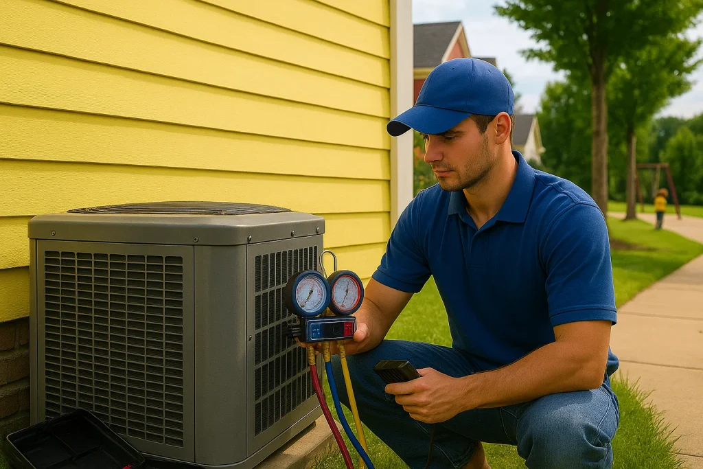 Technician checks refrigerant with manifold gauge set on AC unit outside Conway home