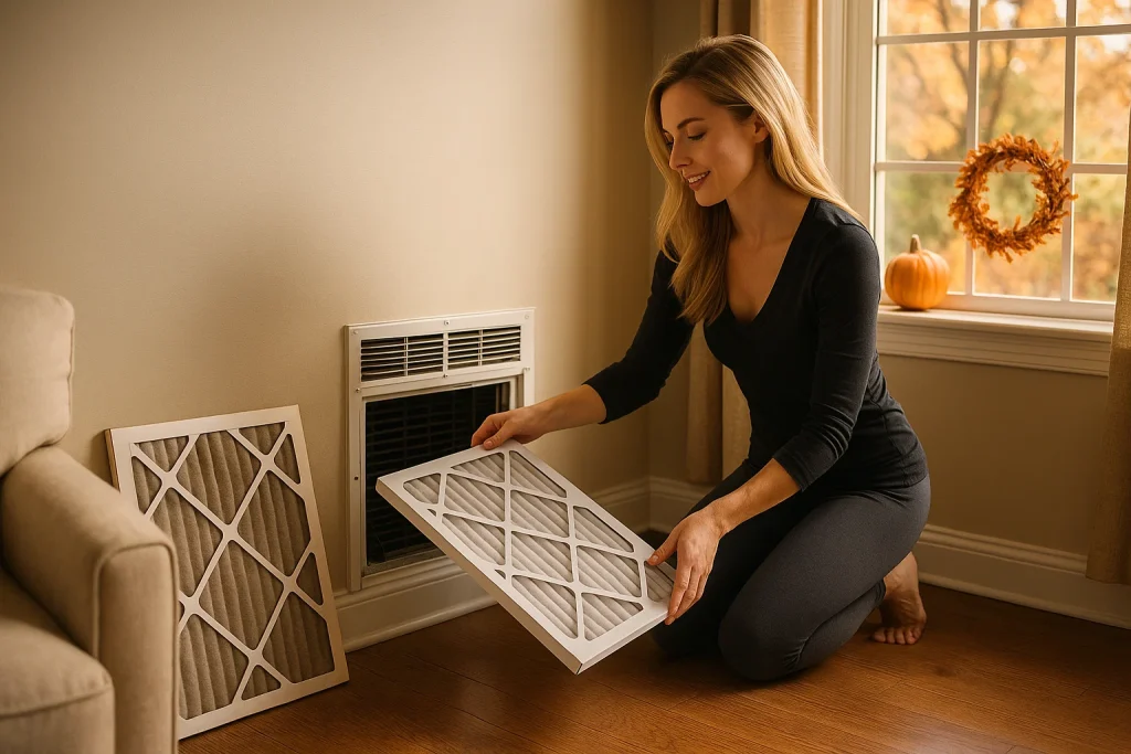 Homeowner replacing dusty HVAC filter in Conway living room during fal