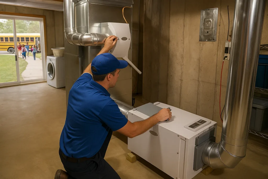 An HVAC tech installing a whole home air purifier.